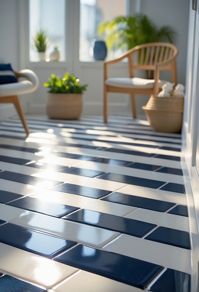 A close-up view of a clean ceramic tile floor painted with navy and white stripes in a bright modern room with minimal furniture.