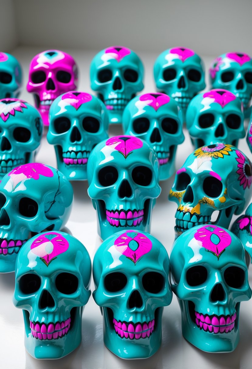 A collection of colorful ceramic skulls painted with turquoise and pink colors arranged on a plain surface.