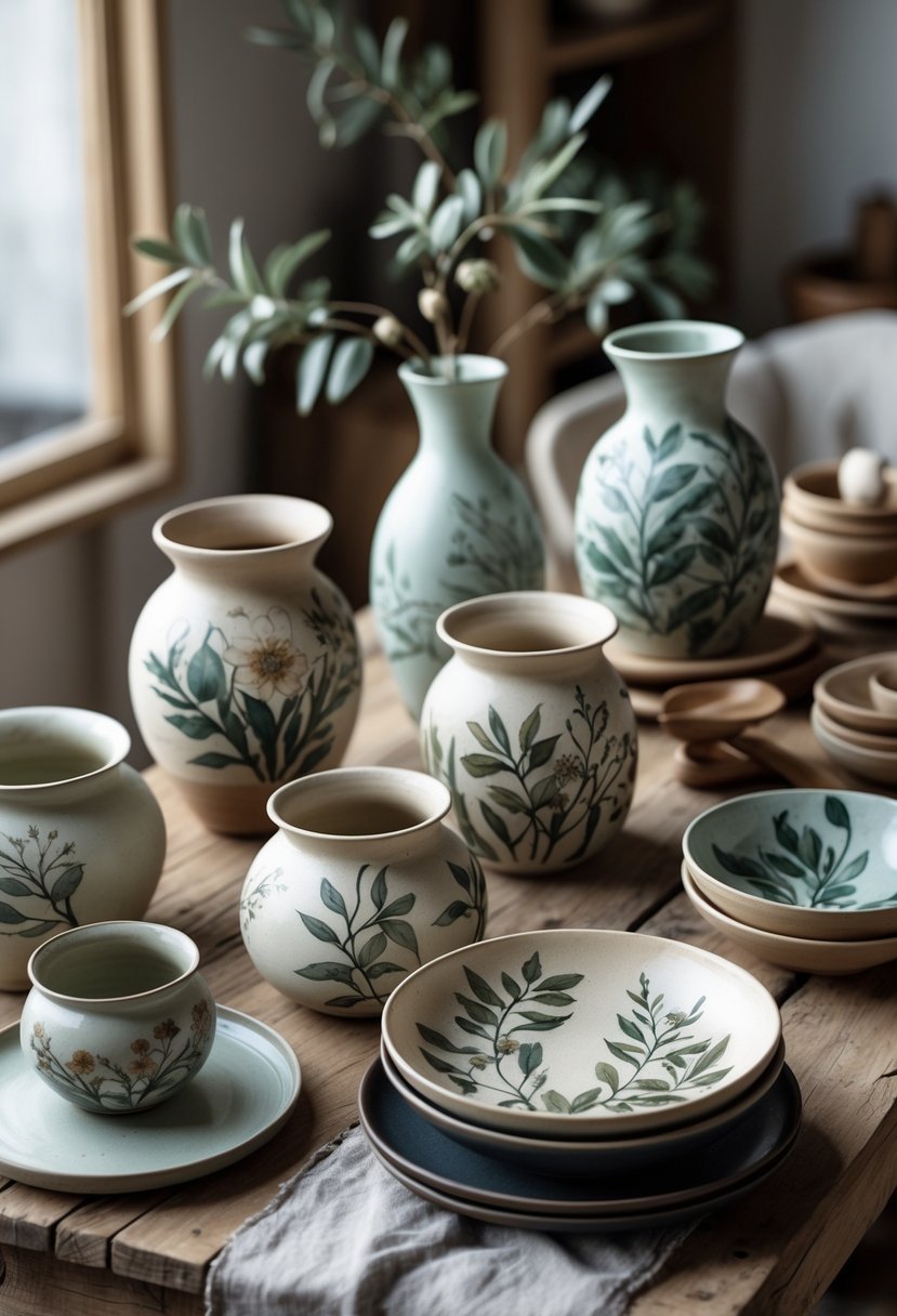 A collection of hand-painted ceramic pottery pieces decorated with detailed botanical designs arranged on a wooden table.