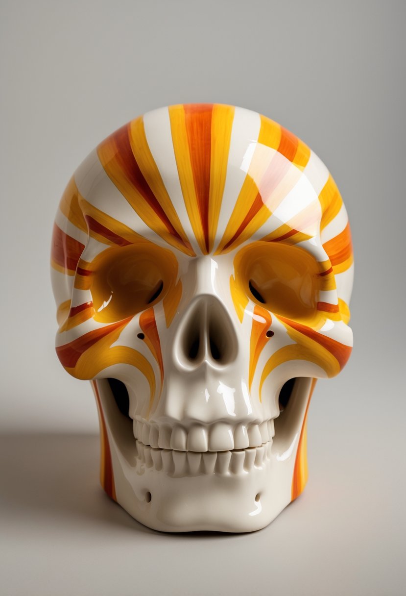 A brightly painted ceramic skull with yellow and orange sunburst patterns on a plain background.