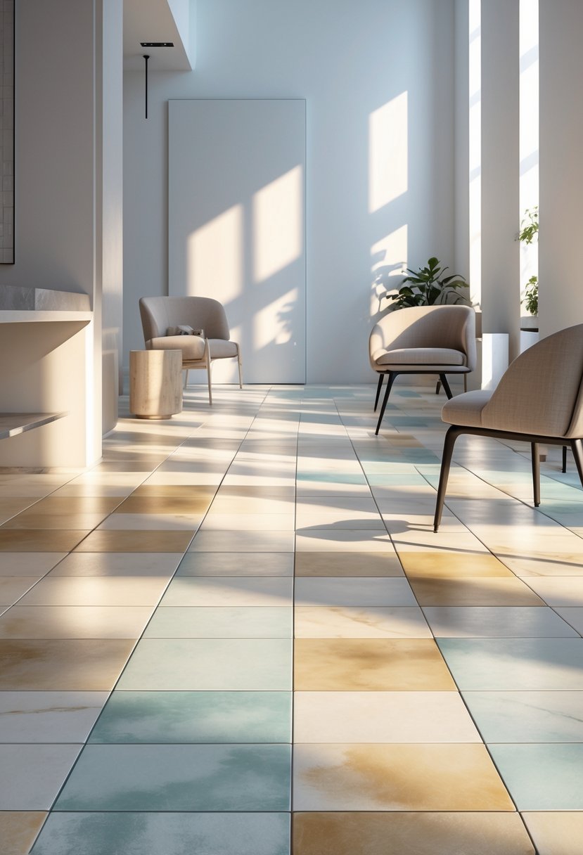 A spacious room with a floor covered in various stylish ceramic tile patterns in soft colors, illuminated by natural light.