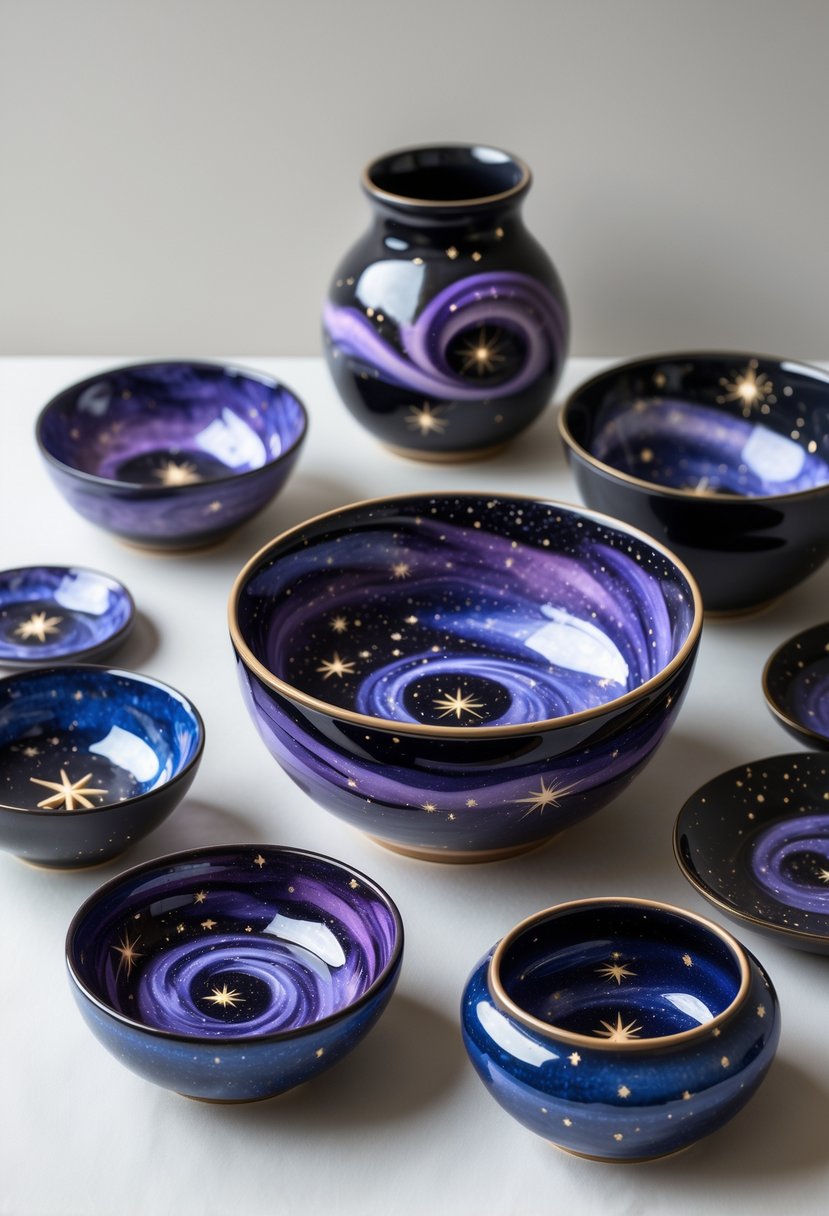 A collection of ceramic pottery pieces painted with galaxy and space-themed designs, arranged on a neutral background.