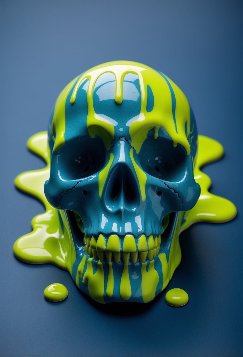 A ceramic skull painted with bright green drips against a dark blue background.