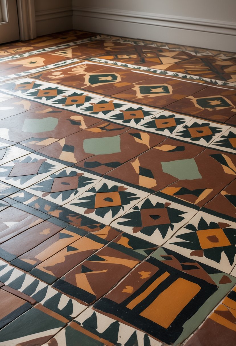 A close-up view of a ceramic tile floor with intricate geometric patterns in warm earth tones.