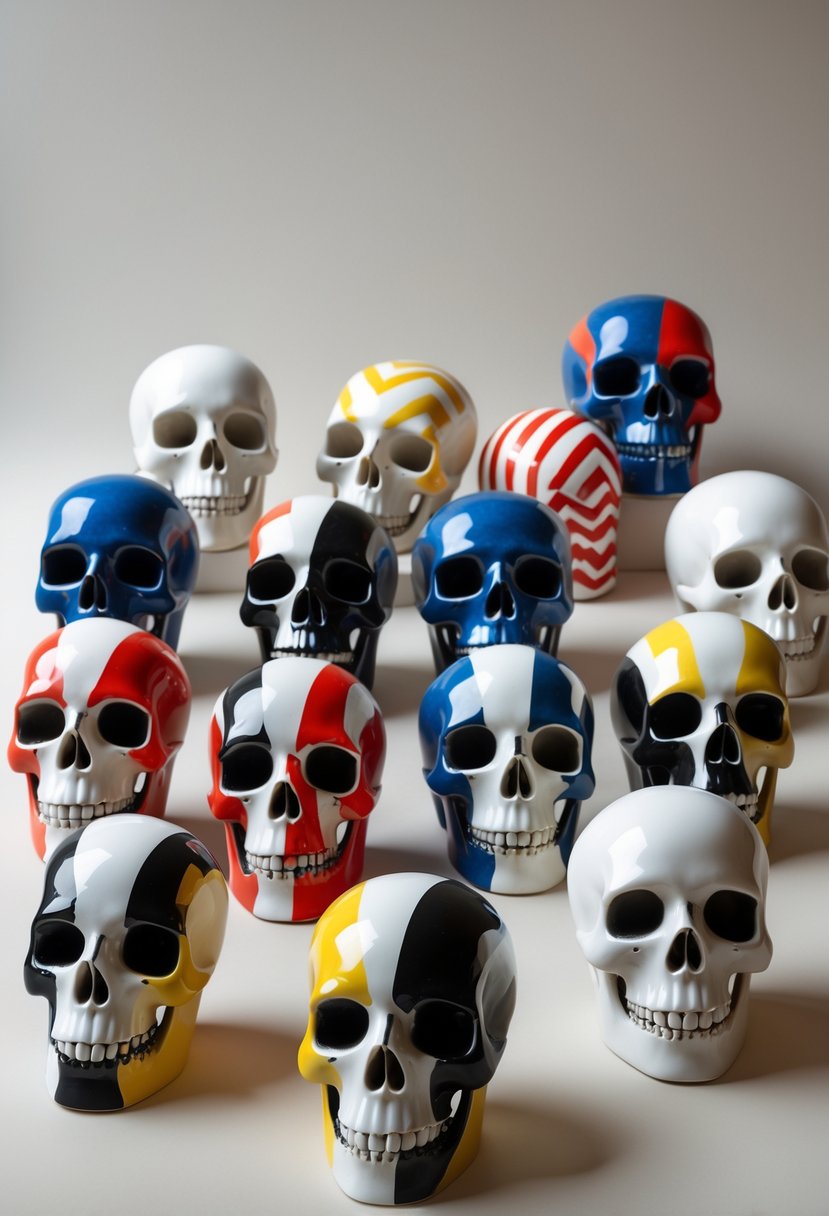 A group of colorful ceramic skulls painted with sharp chevron stripes arranged on a neutral background.