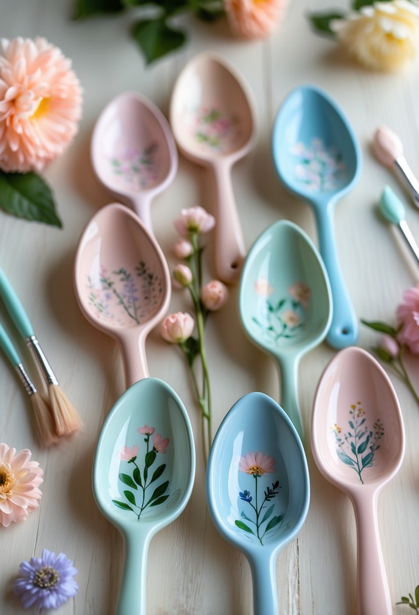A collection of ceramic spoon holders painted with floral patterns in pastel colors arranged on a wooden surface with flowers and paintbrushes nearby.