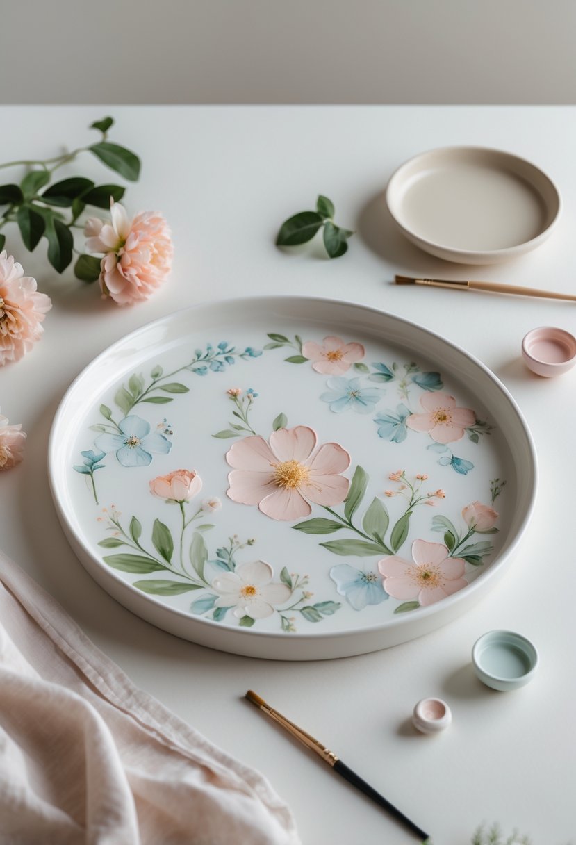 A ceramic tray decorated with colorful hand-painted floral designs placed on a neutral surface with paintbrushes nearby.