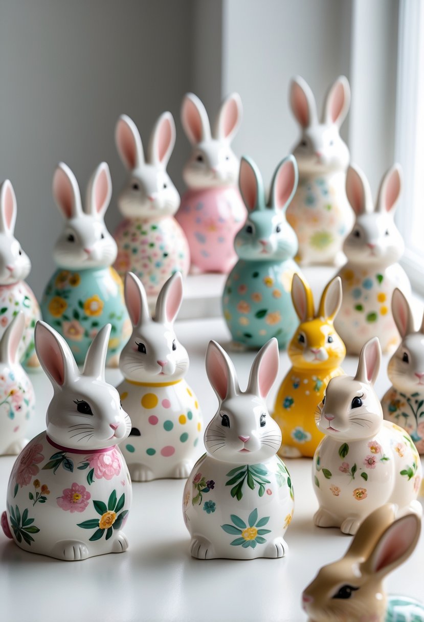 A collection of 15 colorful ceramic bunny figurines arranged on a white surface.