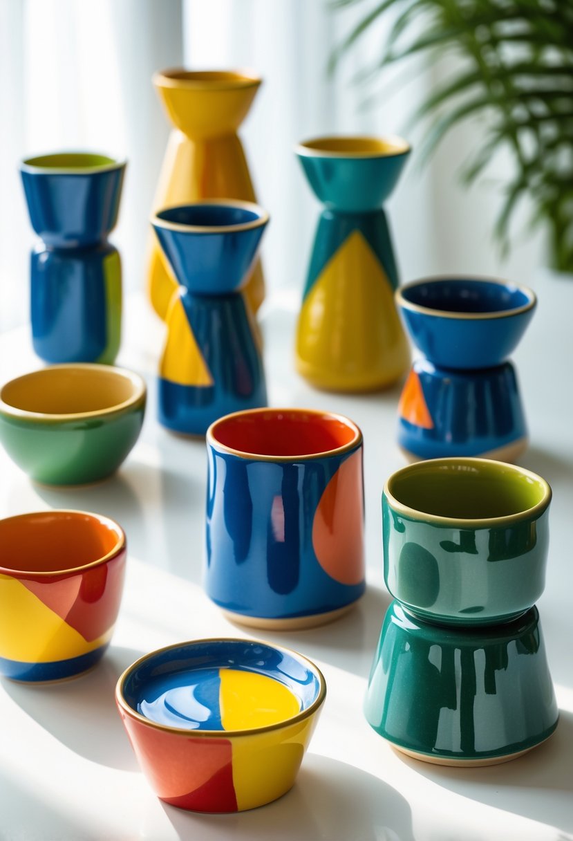 A collection of colorful ceramic spoon holders with bold geometric shapes arranged on a white surface.