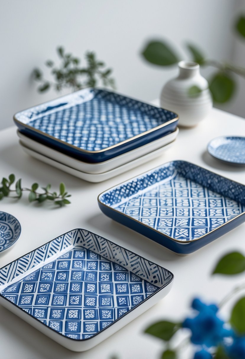 A collection of ceramic trays with blue and white geometric patterns arranged on a light surface.