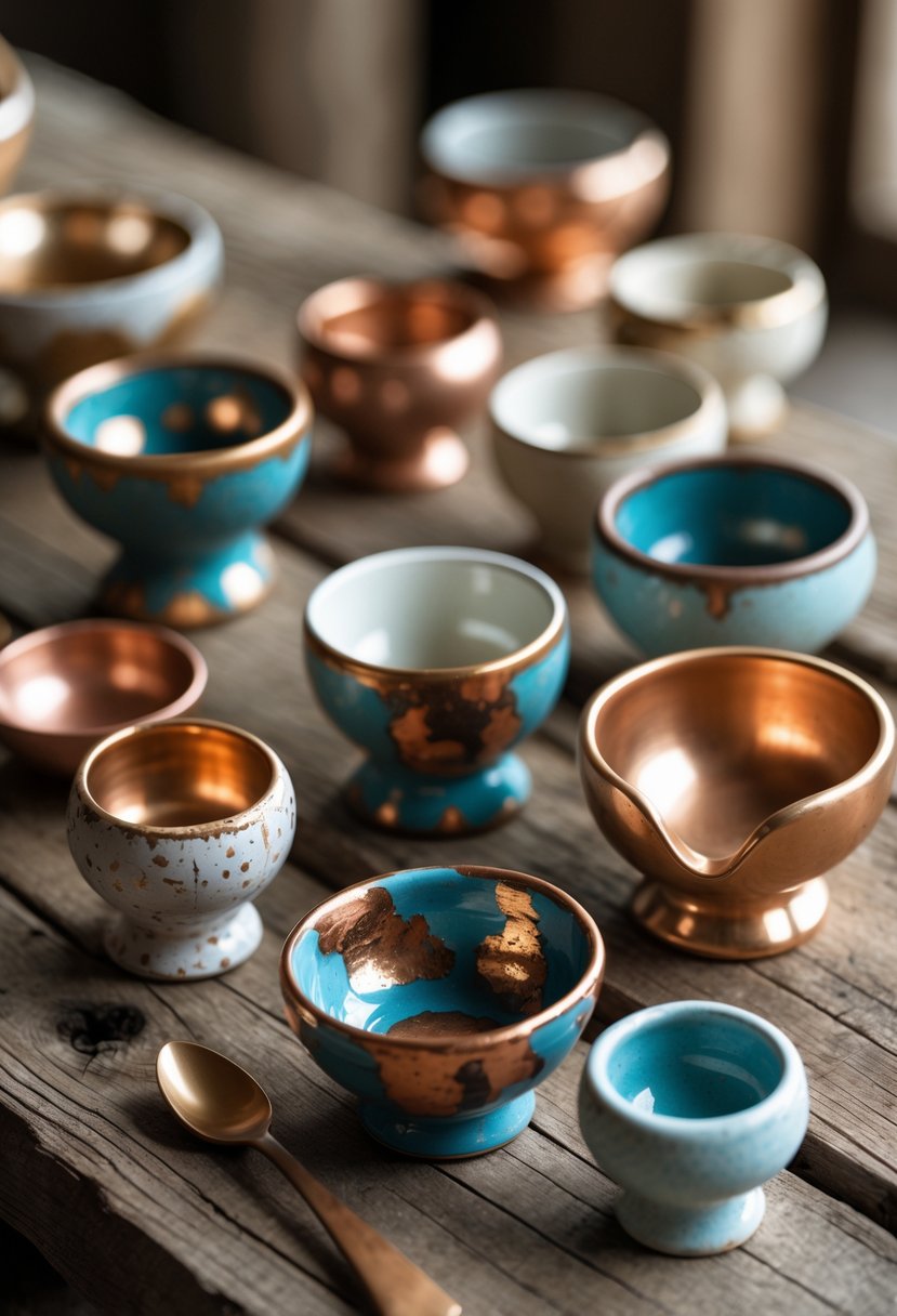 A collection of hand-painted ceramic spoon holders with metallic finishes arranged on a wooden surface.