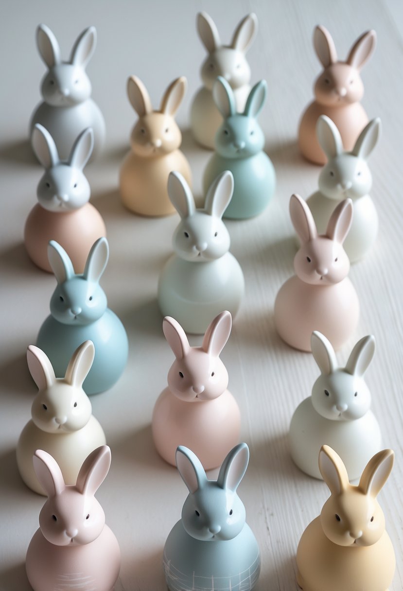 A collection of 15 hand-painted ceramic bunny figurines in soft pastel colors arranged on a wooden surface.