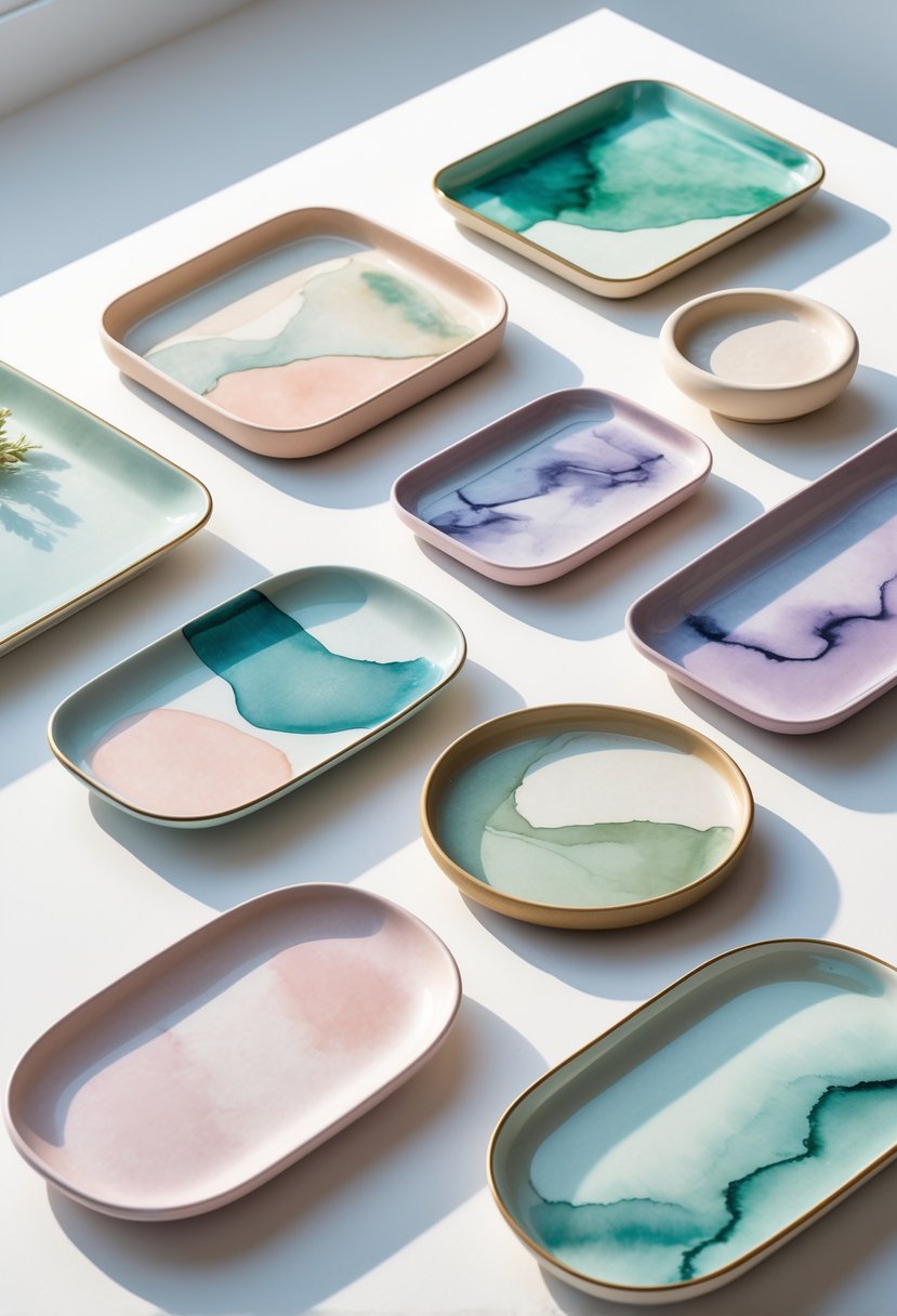 A collection of elegant ceramic trays with colorful abstract watercolor patterns arranged on a white surface.