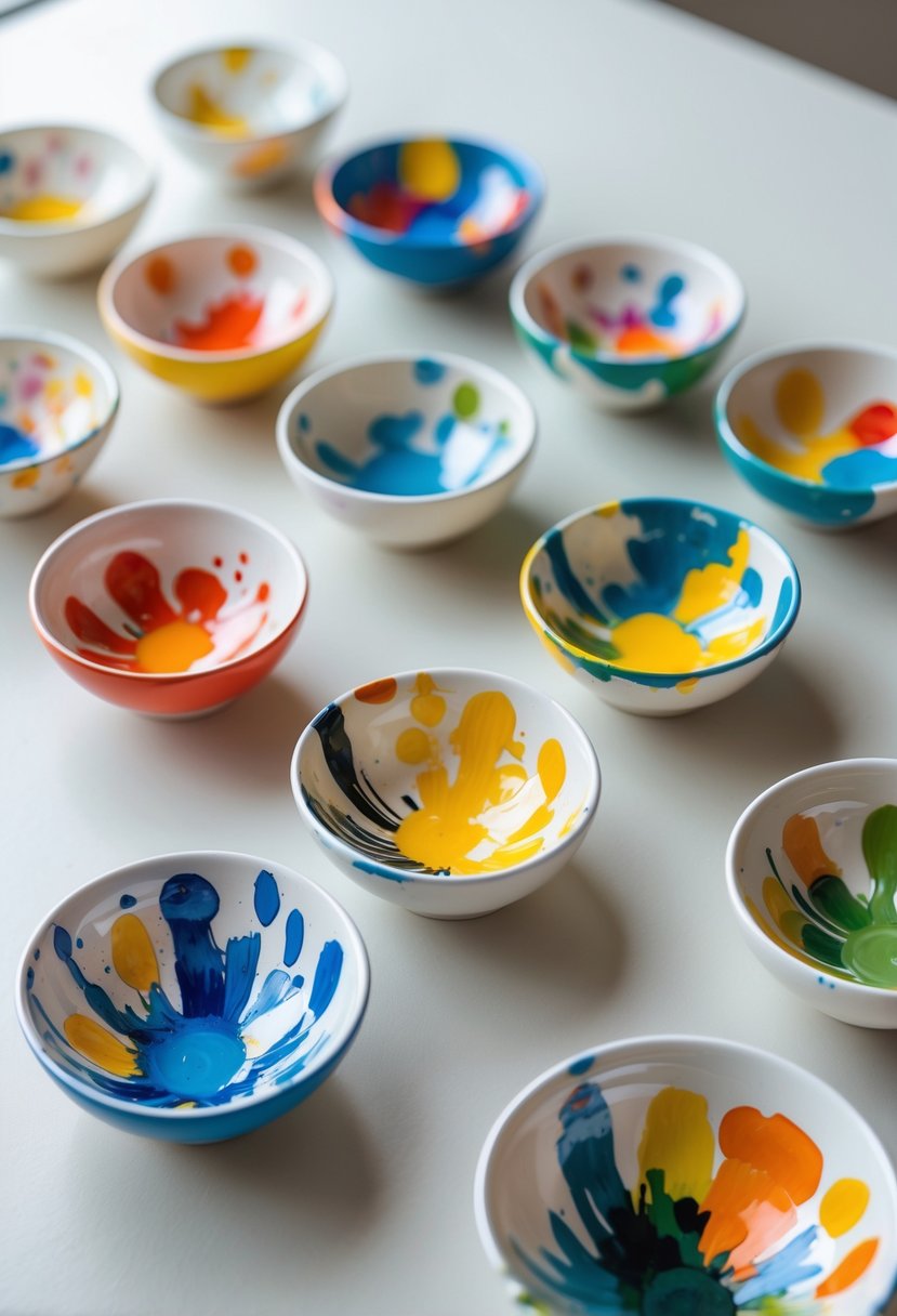A collection of colorful ceramic spoon holders with abstract splash paint designs arranged on a light surface.