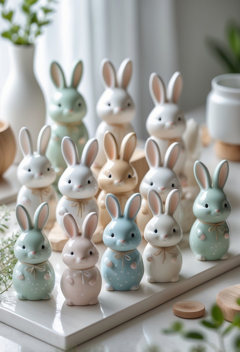 A collection of 15 hand-painted ceramic bunny figurines arranged on a wooden surface with minimal decor and soft natural lighting.