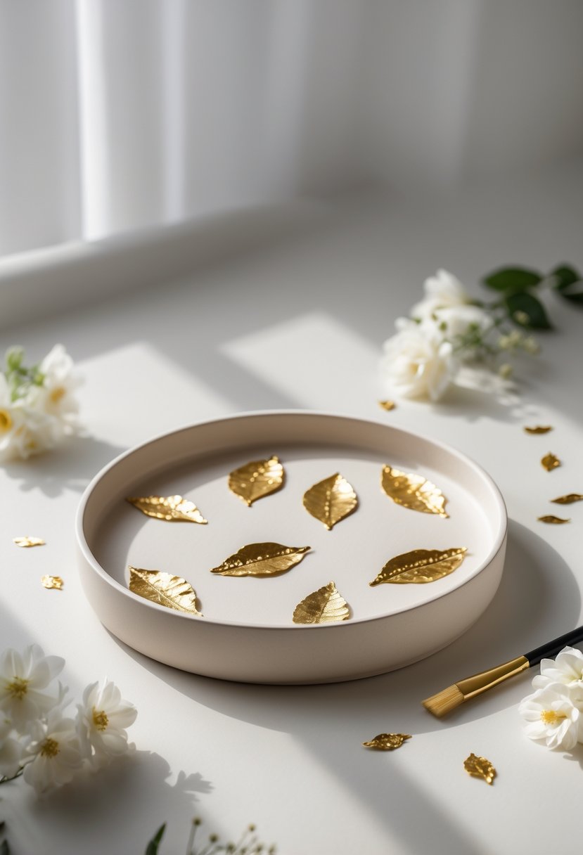 A ceramic tray with gold leaf accents displayed on a neutral surface with small flowers and a paintbrush nearby.