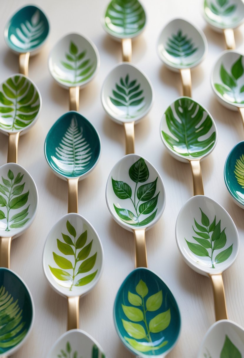 A collection of ceramic spoon holders painted with various green leaf designs arranged on a wooden surface.