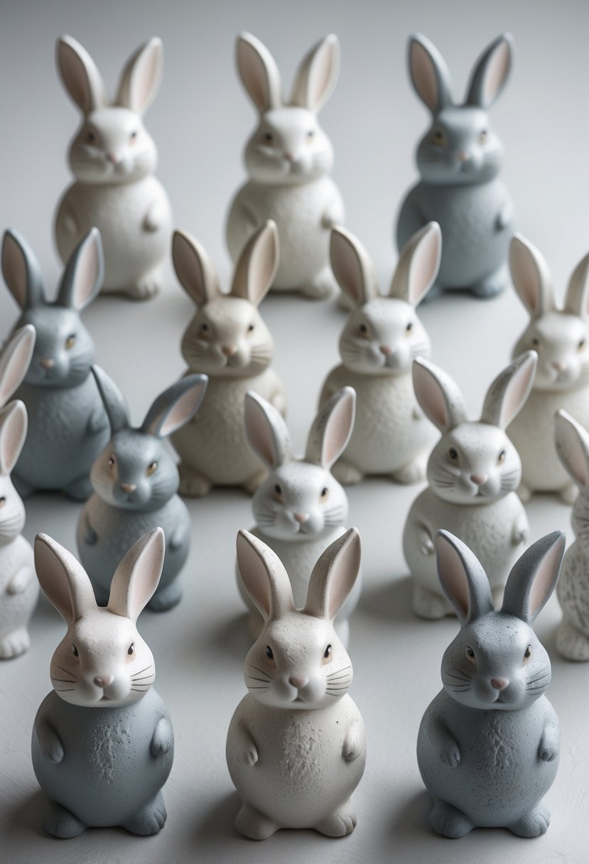 A group of 15 ceramic bunny figurines painted with a textured gray finish arranged on a plain surface.