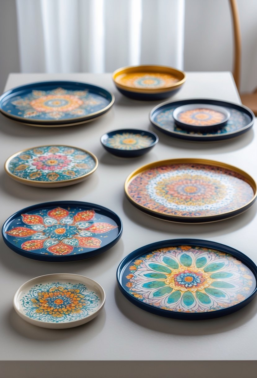 A collection of ceramic trays with detailed painted mandala designs arranged on a plain surface.
