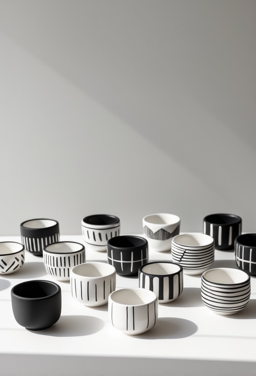 A collection of 15 ceramic spoon holders with black and white patterns arranged on a white surface.
