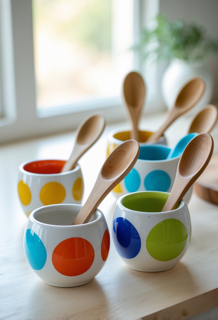 A collection of colorful ceramic spoon holders with polka dot patterns arranged on a kitchen countertop with wooden spoons inside them.