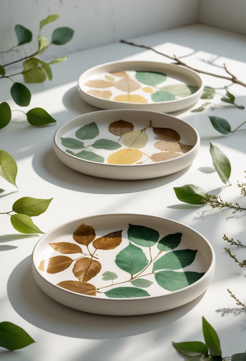 A collection of ceramic trays painted with detailed leaf designs arranged on a clean surface with natural elements around them.