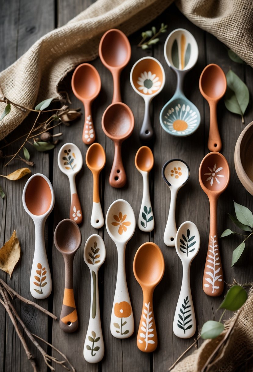 A collection of hand-painted ceramic spoon holders in earth tones arranged on a wooden surface with natural decorative elements.