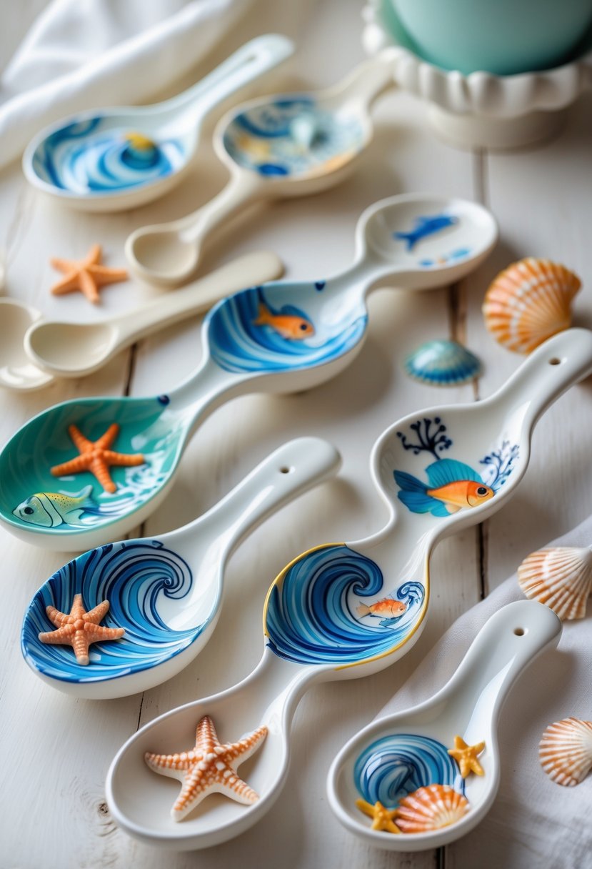 A group of colorful ceramic spoon holders painted with ocean waves and sea creatures arranged on a wooden surface.