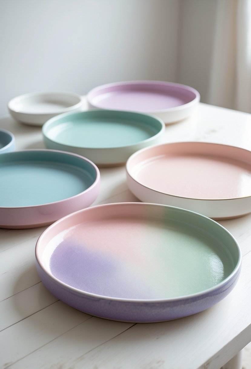 A group of ceramic trays with smooth gradient color transitions arranged on a light wooden surface.