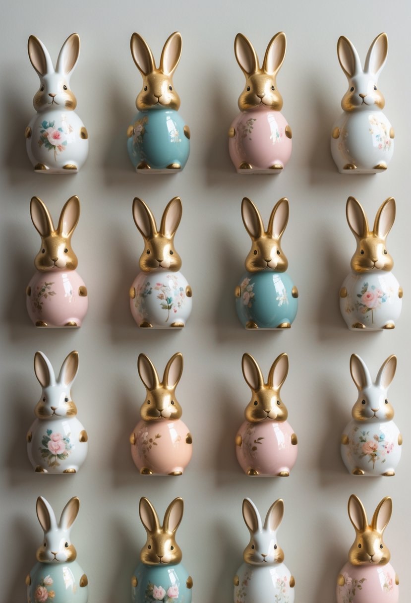 A collection of 15 ceramic bunny figurines with gold accents arranged on a neutral background.