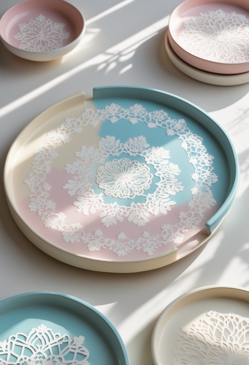 A collection of ceramic trays painted with delicate lace patterns arranged on a neutral surface with soft natural light.