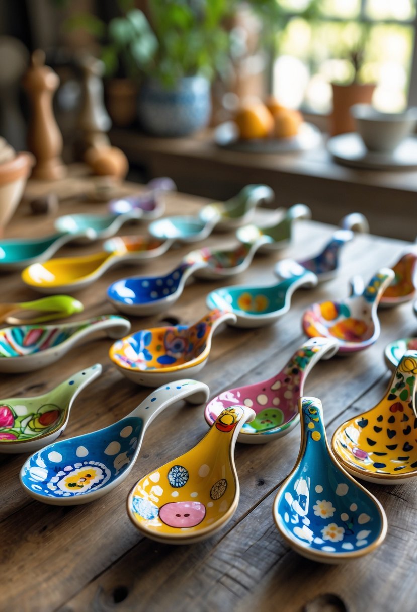 A collection of colorful ceramic spoon holders with hand-painted designs arranged on a wooden table.