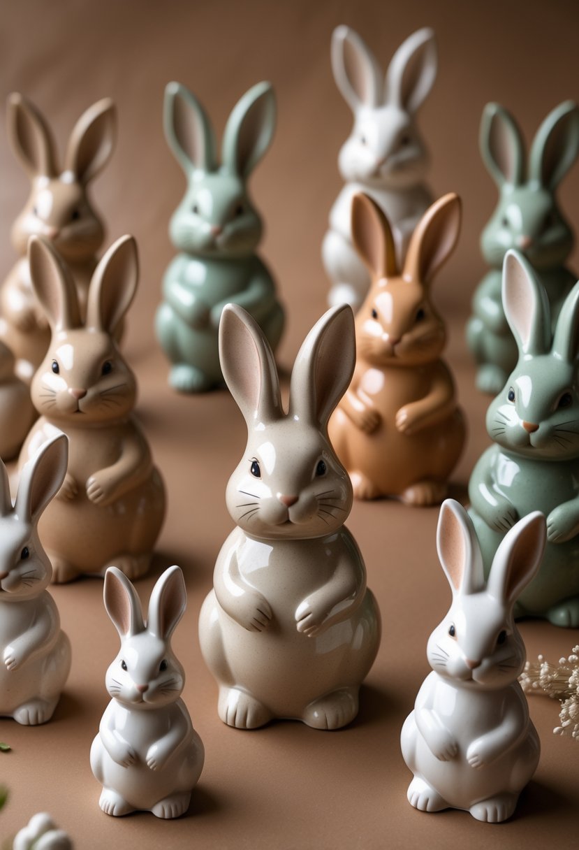 A group of fifteen hand-painted ceramic bunny figurines in various poses displayed on a matte earth tone surface.