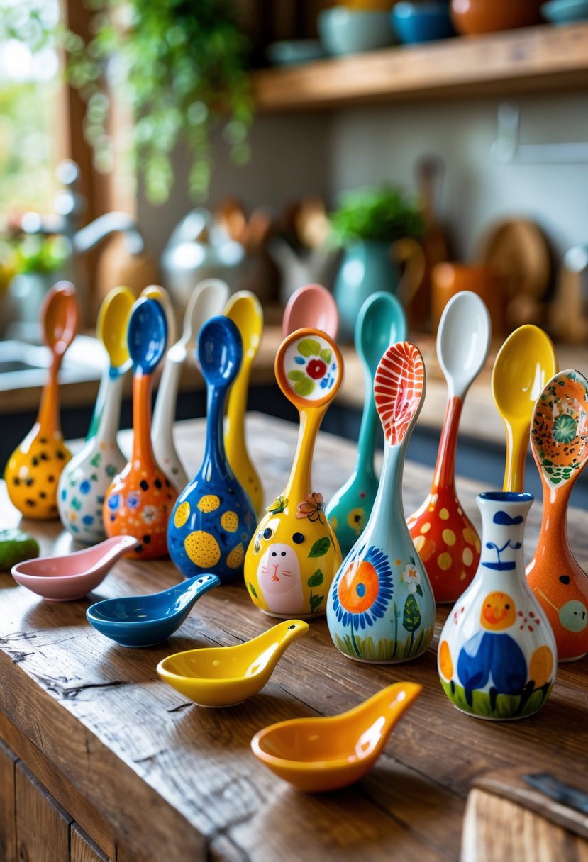 A collection of 15 colorful ceramic spoon holders with playful designs arranged on a wooden kitchen countertop.