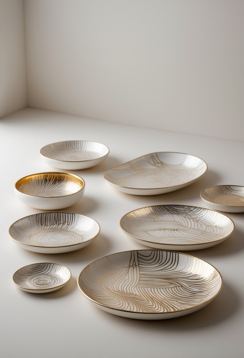 A collection of ceramic trays with gold and silver metallic line patterns arranged on a neutral background.