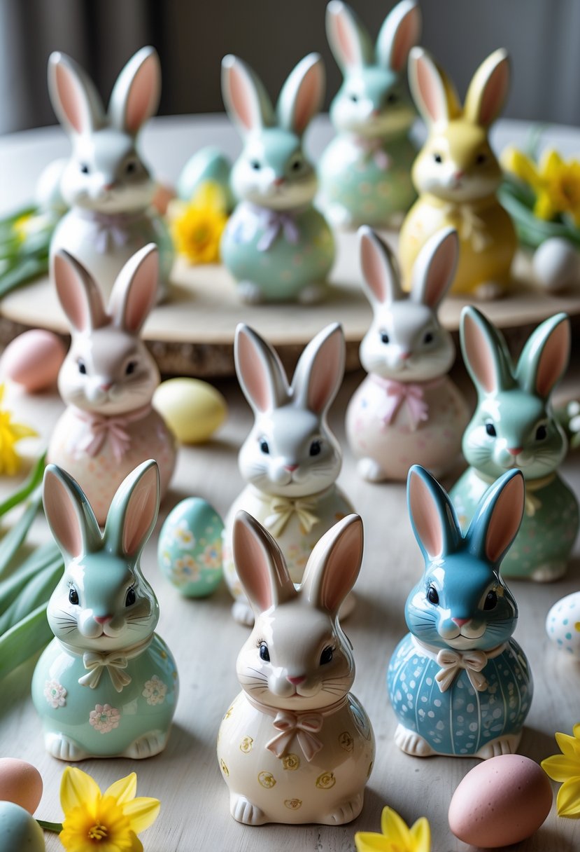 A group of colorful hand-painted ceramic bunny figurines displayed on a wooden table with spring flowers and Easter decorations around them.