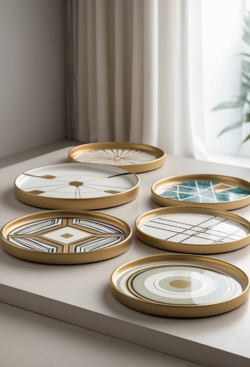 A collection of ceramic trays with painted geometric designs arranged neatly on a smooth surface.