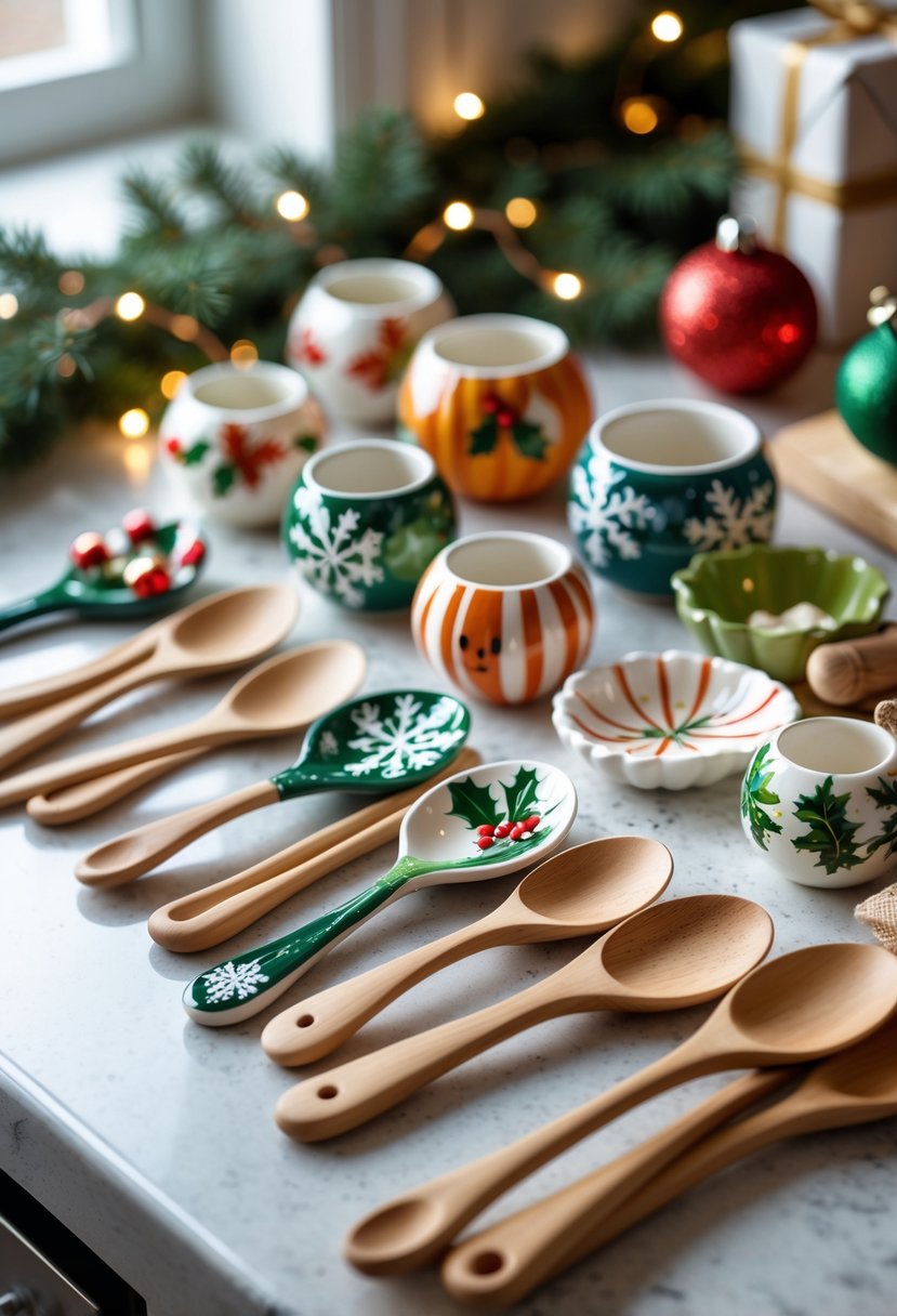 A kitchen countertop with colorful hand-painted ceramic spoon holders featuring holiday-themed designs and wooden spoons, surrounded by festive decorations.