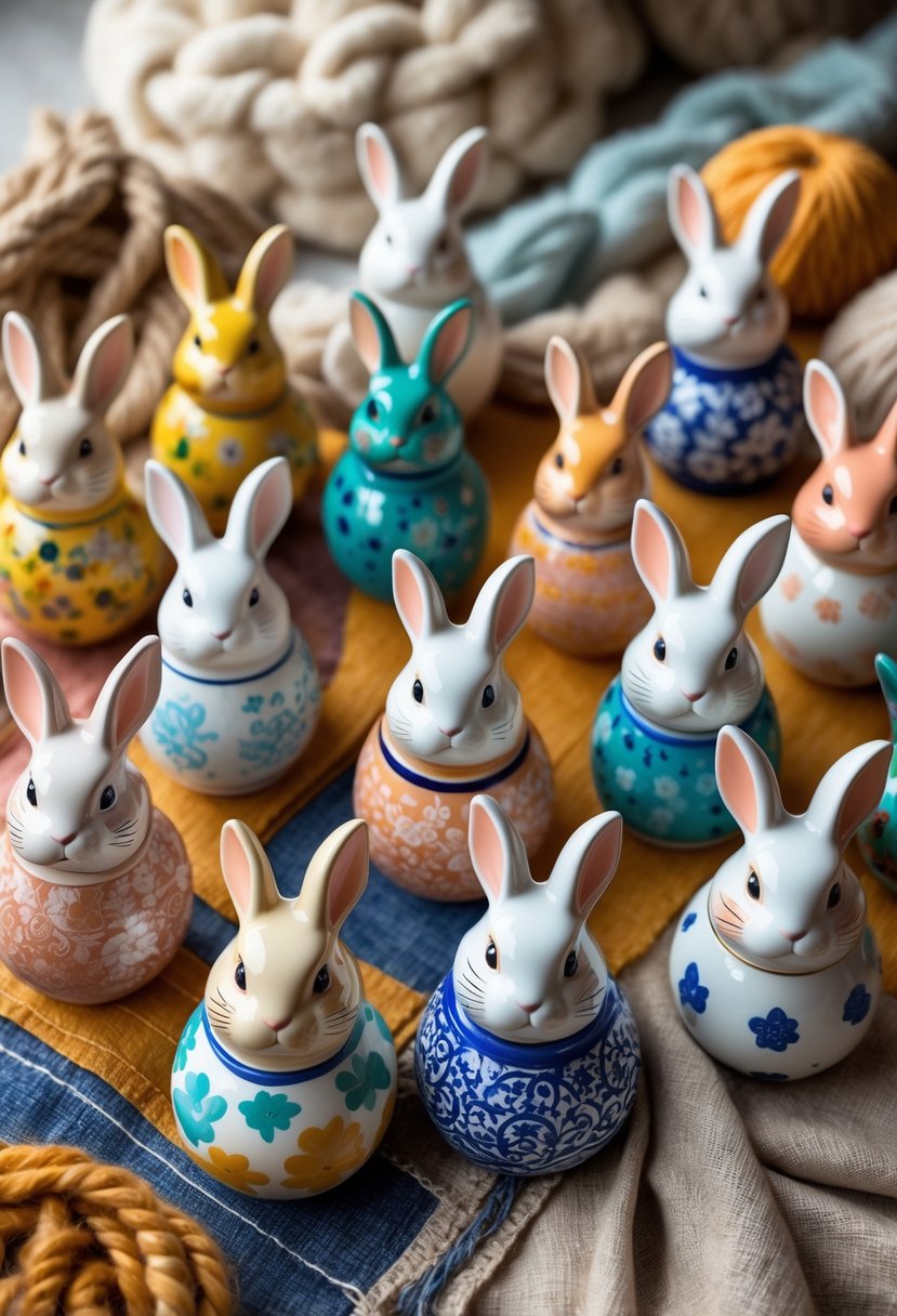 A group of colorful painted ceramic bunny figurines arranged on a textured fabric surface with mixed media elements.