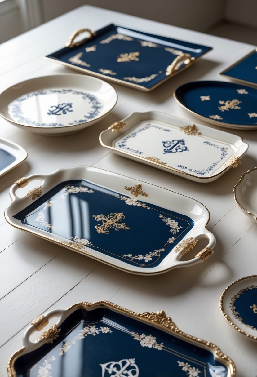 A collection of ceramic trays with detailed monogram designs arranged on a wooden surface.