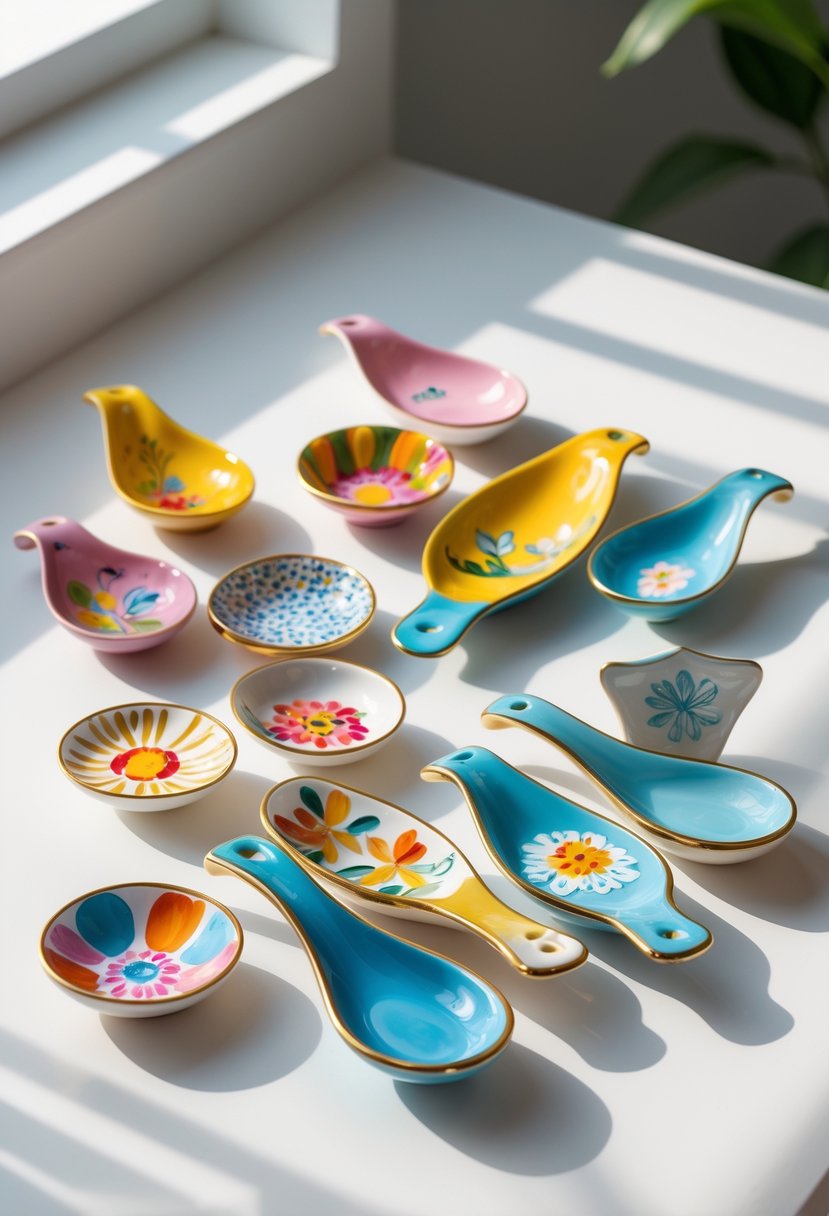 A collection of colorful ceramic spoon holders with glossy enamel coatings arranged on a white surface.