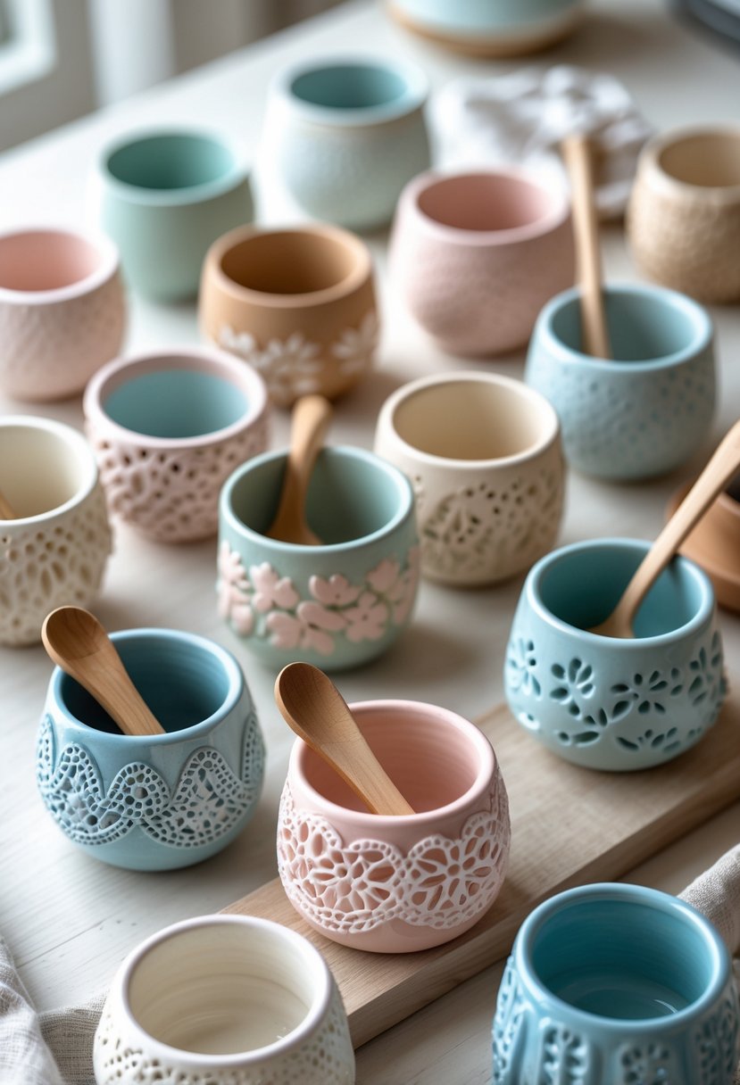 A collection of ceramic spoon holders with intricate lace imprint designs arranged on a wooden surface, some holding spoons.
