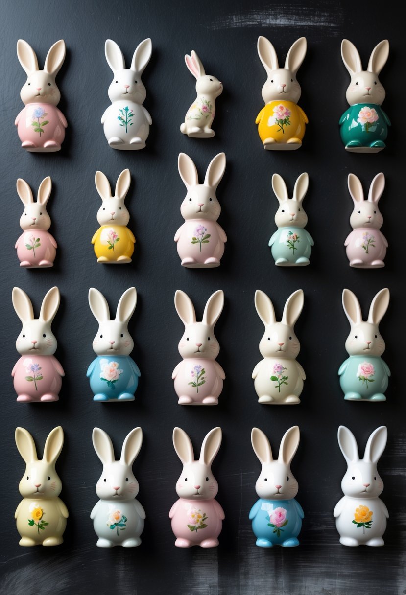A group of colorful ceramic bunny figurines arranged on a black matte surface.