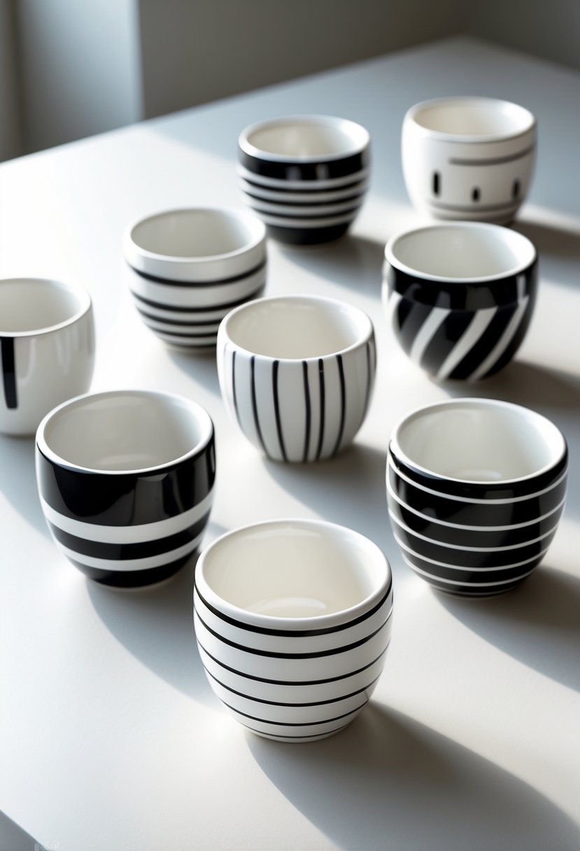 A collection of ceramic spoon holders with black and white striped patterns arranged on a plain surface.