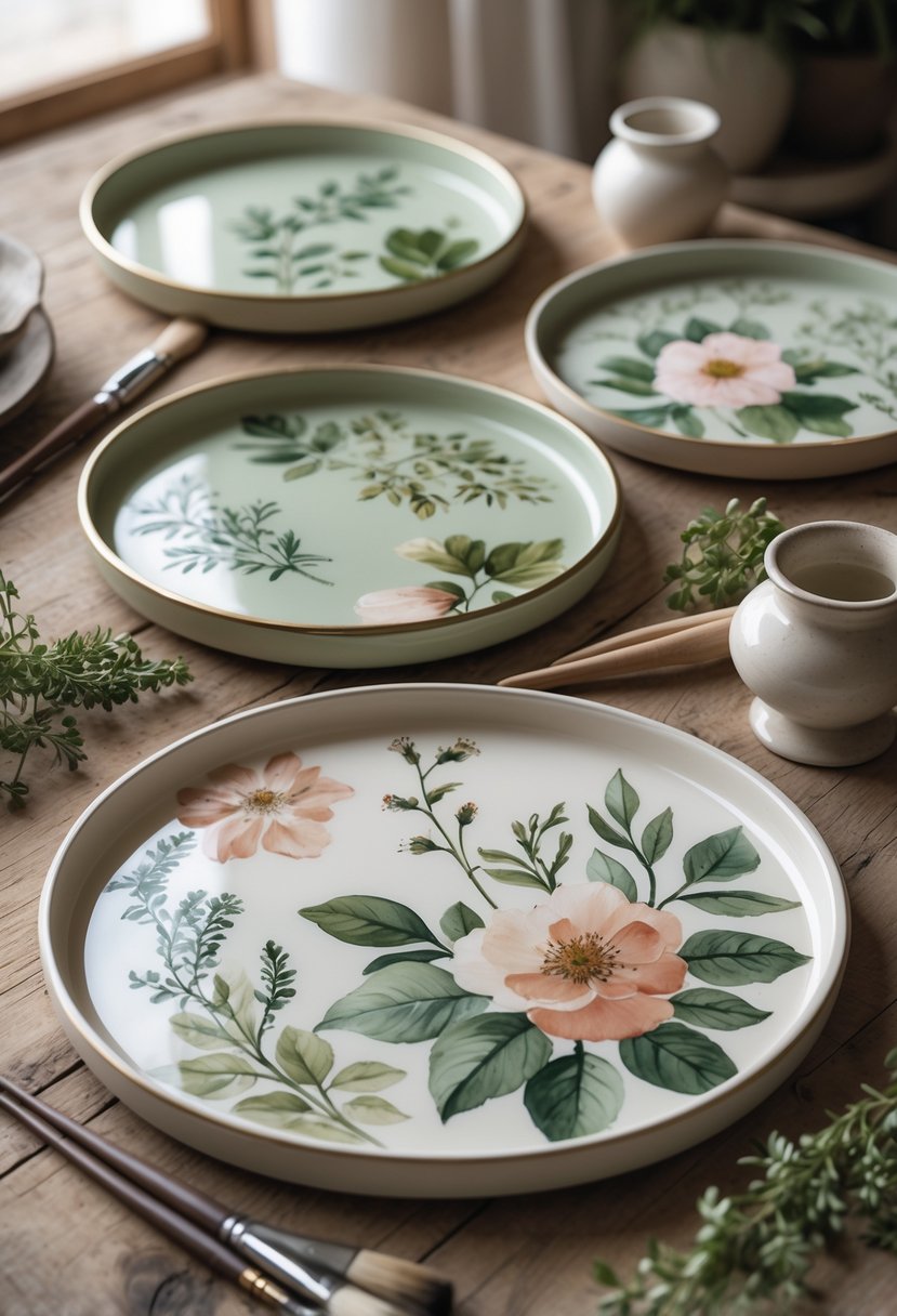 A collection of ceramic trays painted with detailed floral and leaf designs arranged on a wooden table with paintbrushes and greenery nearby.