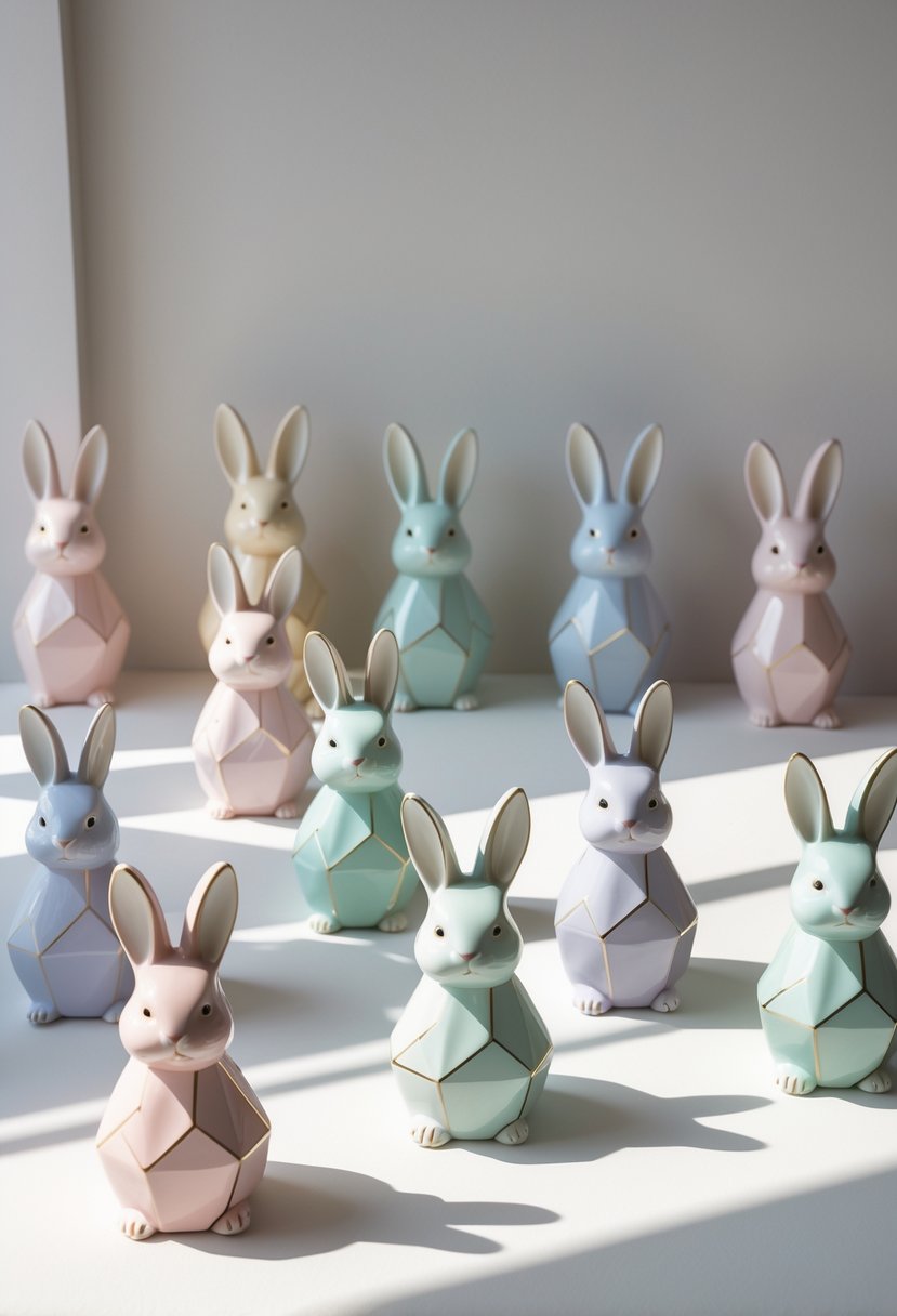 A collection of 15 ceramic bunny figurines with delicate geometric line patterns in pastel colors arranged on a neutral background.