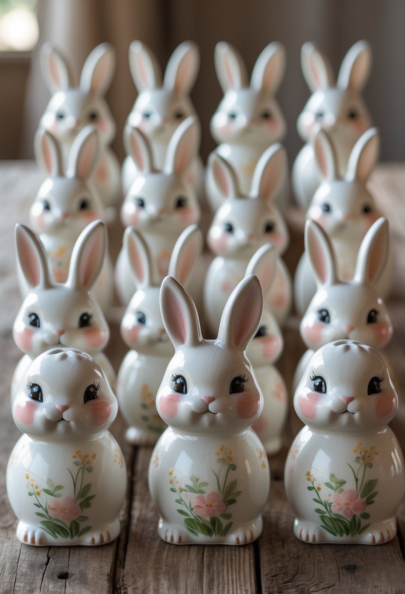 A collection of hand-painted ceramic bunny figurines arranged on a wooden table.