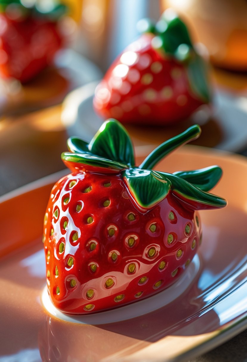 Close-up of a glossy ceramic plate decorated with painted strawberries and green leaves.
