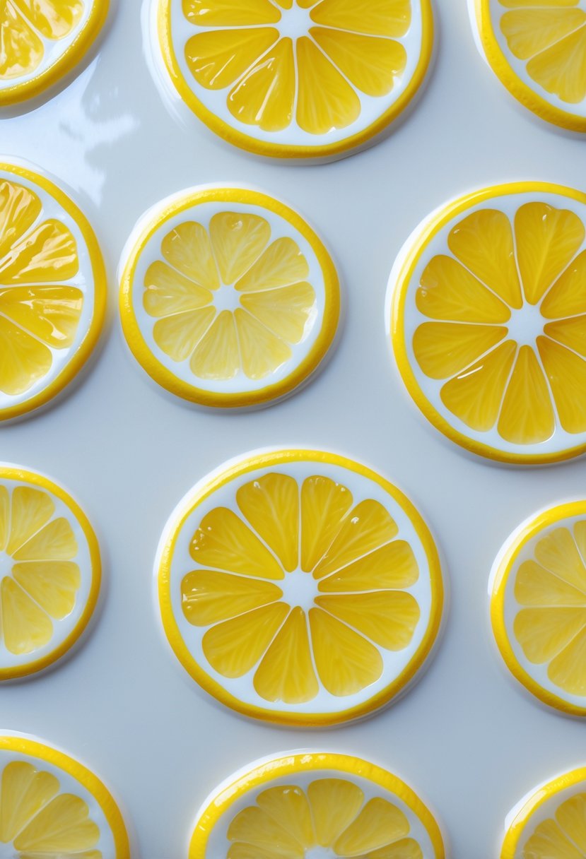 Close-up of bright yellow lemon slices painted on a white ceramic surface arranged in a repeating pattern.
