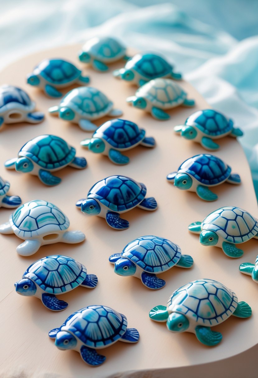 A collection of small blue ceramic turtles with ocean-inspired patterns arranged on a light wooden surface.